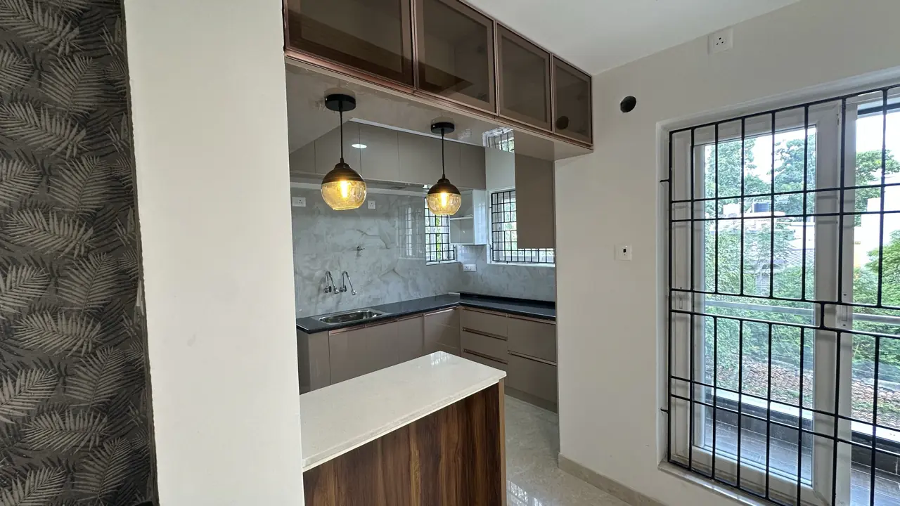Kitchen with bronze-glass wall cabinets and breakfast counter